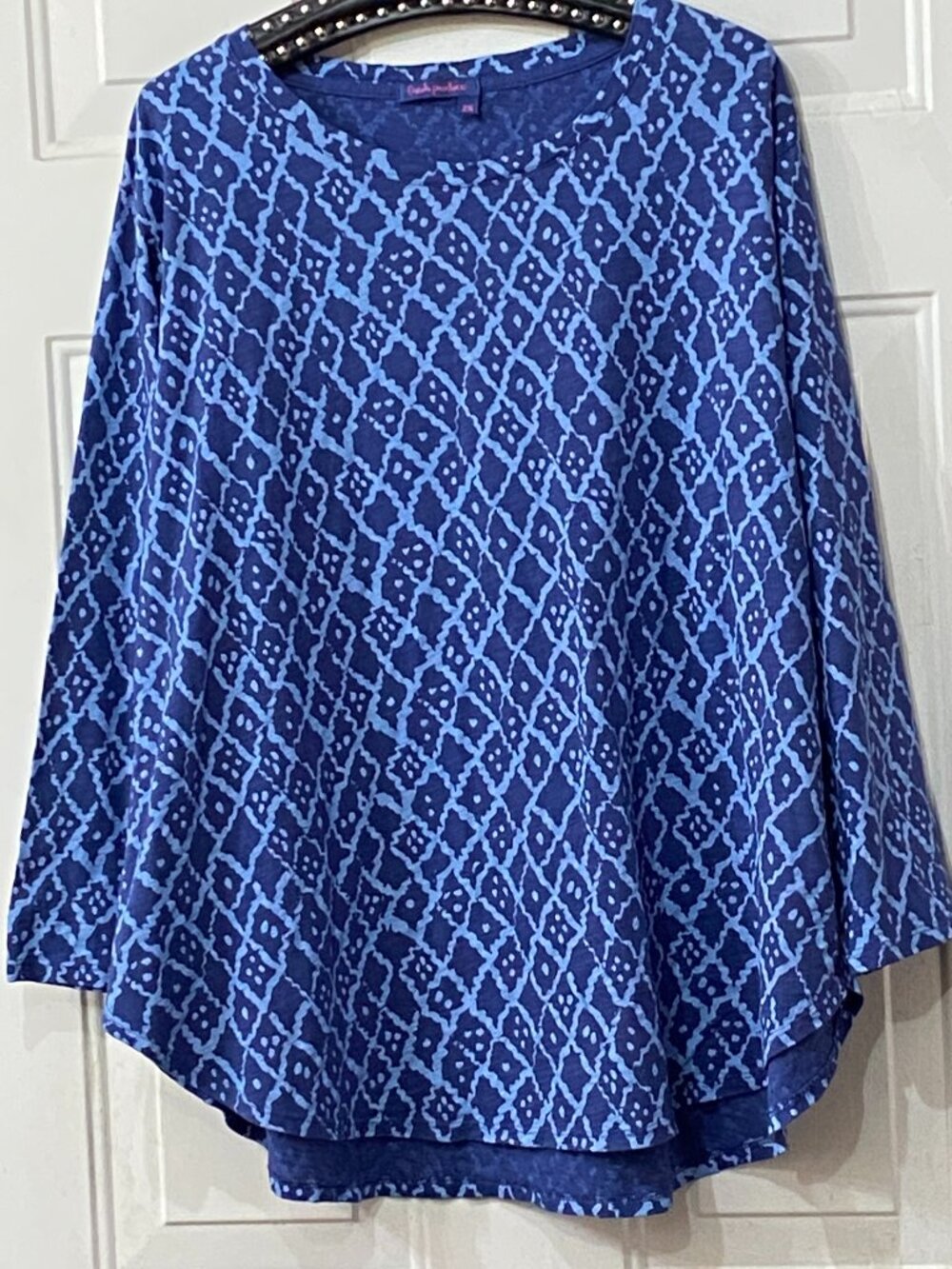 NEW Fresh Produce Sz 2X Knit Top Blouse 3/4 Sleeve Blue Ornament Cotton USA